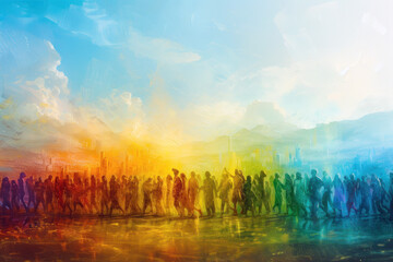 Panoramic illustration of people in front of a rainbow in oil painting style