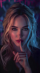  a woman doing a silence sign