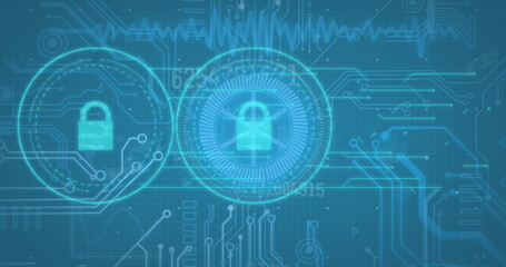 Image of padlock icons and data processing computer circuit board