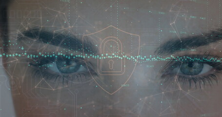 Image of padlock and data processing over blue eye