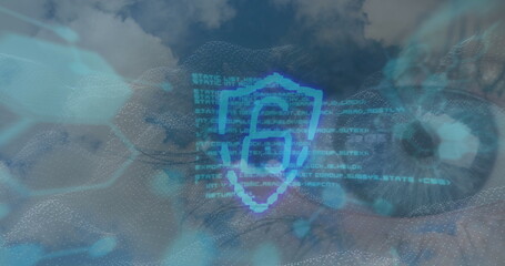 Image of padlock and data processing over blue eye