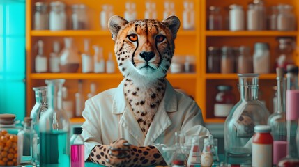 Cheetah in Laboratory with Glassware and Chemicals - obrazy, fototapety, plakaty