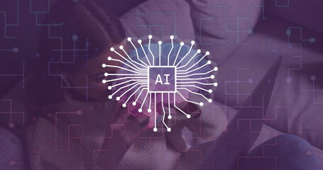 Image of ai chat data processing over caucasian woman using tablet