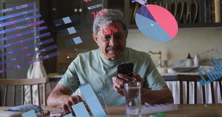 Image of financial data processing over senior man using smartphone at home