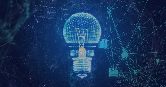 Image of light bulb and data processing network of connections