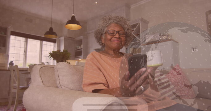 Image of ai data processing over biracial woman using smartphone