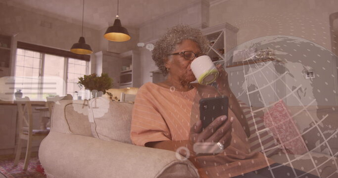 Image of ai data processing over biracial woman using smartphone