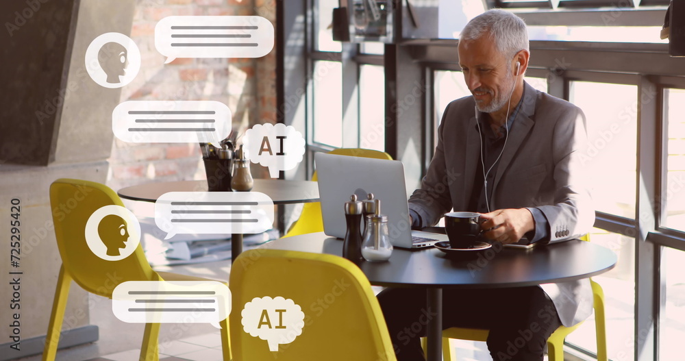 Aufkleber image of ai data processing over caucasian businessman using laptop