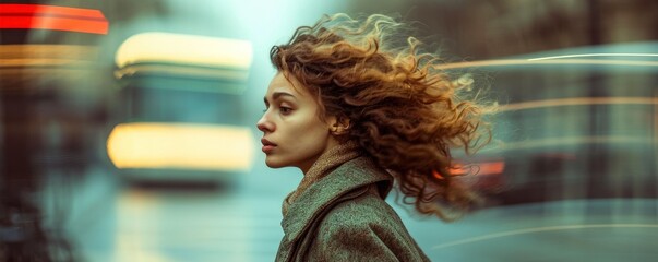 Fototapeta premium Portrait of a Beautiful Woman against blur City Background. Glamour girl fashion photo. copy space for text