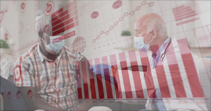 Image of statistics and covid 19 cells over man receiving vaccination wearing face mask