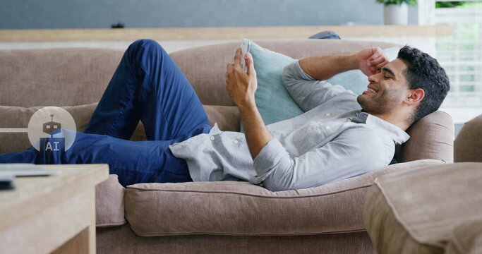 Image of ai data processing over biracial man using smartphone - Powered by Adobe