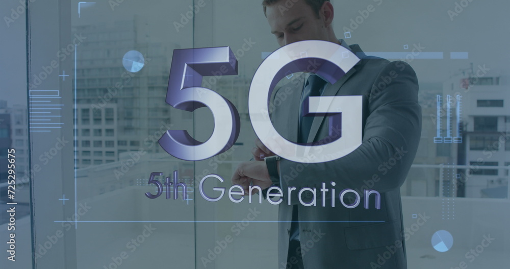 Poster image of 5g 5th generation text over businessman checking time in background