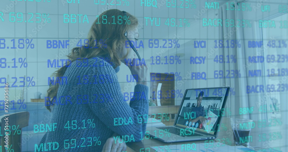 Poster image of numbers changing and financial data processing over woman using laptop on image call