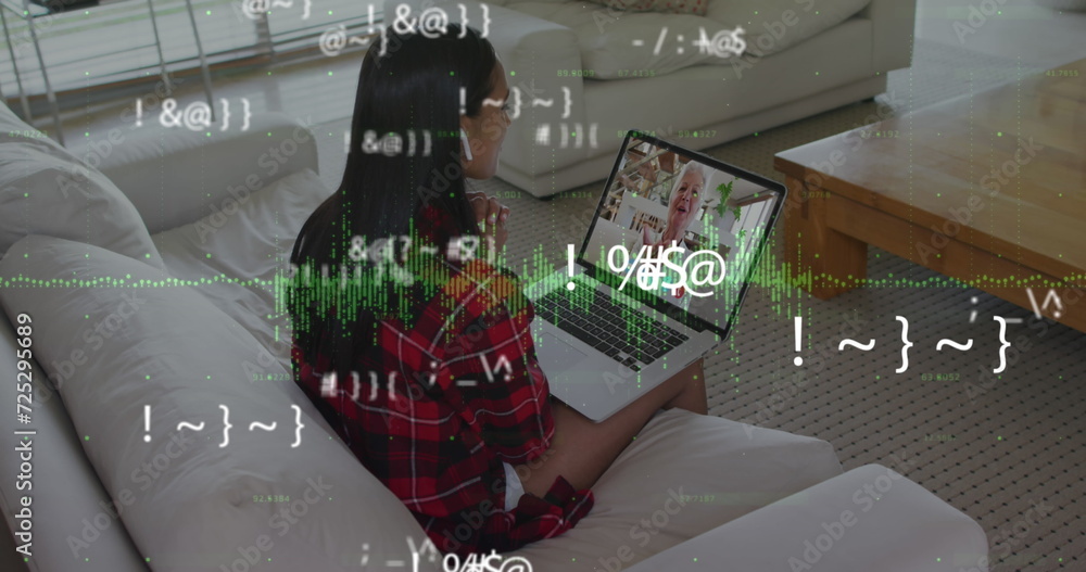 Poster image of numbers changing and graphic equalizer changing over woman using laptop on image call