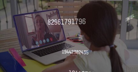 Image of numbers changing over girl in face mask using laptop on image call
