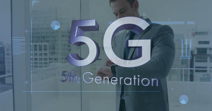 Image of 5g 5th generation text over businessman checking time in background