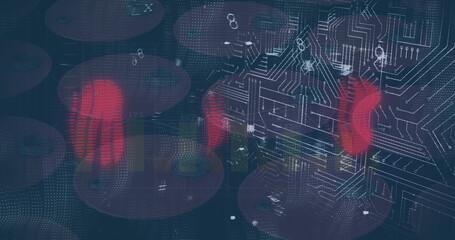Cybersecurity concept with digital fingerprints overlaying a circuit board