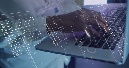 Image of data processing over digital screen and hands of african american man using laptop