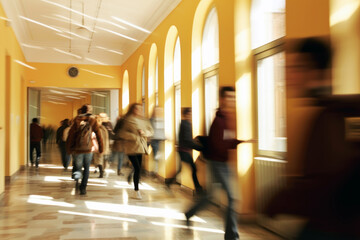 Students look at school corridors with blurred background