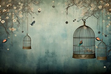 Background with a birdcage. Generative AI