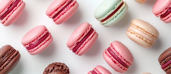 Top-view colorful macarons on white flat lay background, including pink and mint flavors.