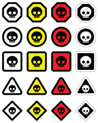 Obraz premium set skull warning sign various different shapes and colors danger of caution hazard traffic toxic poison icon symbol vector flat badges emblems design for website mobile isolated on white Background