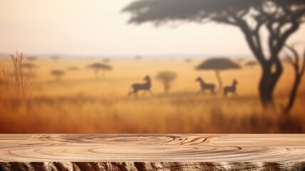 The empty wooden brown table top with blur background of Savanna Safari. Exuberant image. generative AI - obrazy, fototapety, plakaty