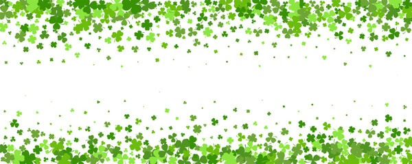 St. Patrick Day shamrock clover background. Vector border with flying green leaves for posters banners and greeting cards.