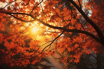 Autumn leaves in the park at sunset