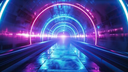 Glowing tunnel with neon lights, future and technology concept.