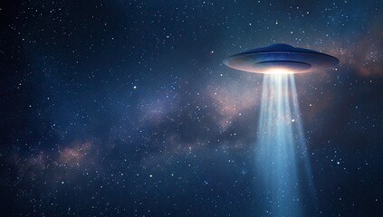 Flying saucer in starry night sky, UFO and space concept.
