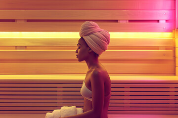 Woman sitting in Infrared sauna  Emphasize the warmth and soothing glow of the infrared lights