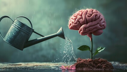 A brain in the form of a flower being watered from a watering can against a rainy background. The concept of the growth of knowledge and learning. - obrazy, fototapety, plakaty