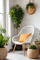 modern small place with cozy one armchair with table in veranda. A Small plant pot. White walls. Full relaxing place