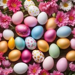 Fototapeta na wymiar Beautiful colourful floral design with easter eggs and pink and white flowers, easter backdround image,