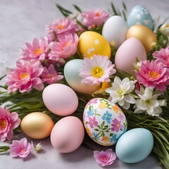 Fototapeta premium Beautiful colourful floral design with easter eggs and pink and white flowers, easter backdround image,