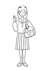 手を上げて挨拶をする制服を着た女子中学生（線画）