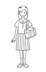 夏の制服を着てスクールバッグを持つ女子中学生（線画）