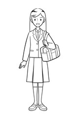 制服を着てスクールバッグを持つ女子高生（線画）