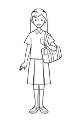 夏の制服を着てスクールバッグを持つ女子高生（線画）