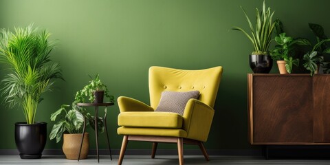 Armchair and plants in green living room with copy space and artwork.