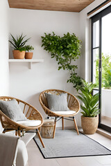 Fototapeta premium modern small place with cozy one armchair with table in veranda. A Small plant pot. White walls. Full relaxing place