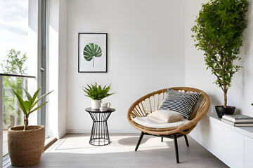 modern small place with cozy one armchair with table in veranda. A Small plant pot. White walls. Full relaxing place - obrazy, fototapety, plakaty