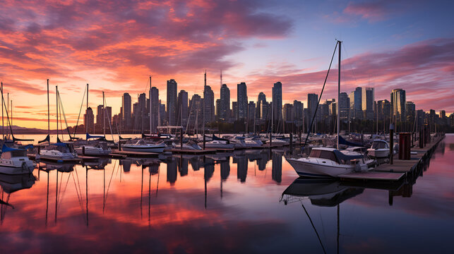 Sunset in the city with reflection of skyscrapers in water, Beautiful view of downtown Vancouver skyline