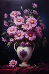 Bouquet of daisies in a vase on a dark background