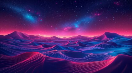 A mesmerizing image of rolling desert dunes under a starlit sky, transformed by a neon glow into an otherworldly landscape