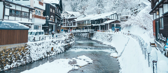 Beautiful Ginzan Onsen with snow fall in winter season is most famous Japanese Hot Spring in Yamagata, Japan.