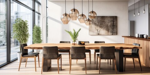Contemporary dining room in apartment with wooden table, chairs, and pendant lighting.