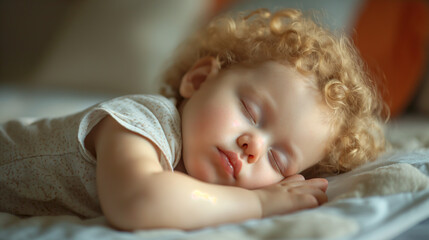Cute little baby 4-5 months old with curly hair sleeps on the bed. World Sleep Day concept