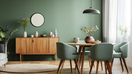 Mint color chairs at round wooden dining table in room. Generative AI